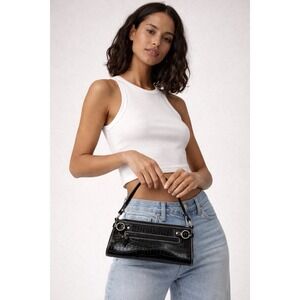 Charter Club-90's/Y2K, Black, Croc Embossed, Shoulder Bag, Mini Baguette, Purse